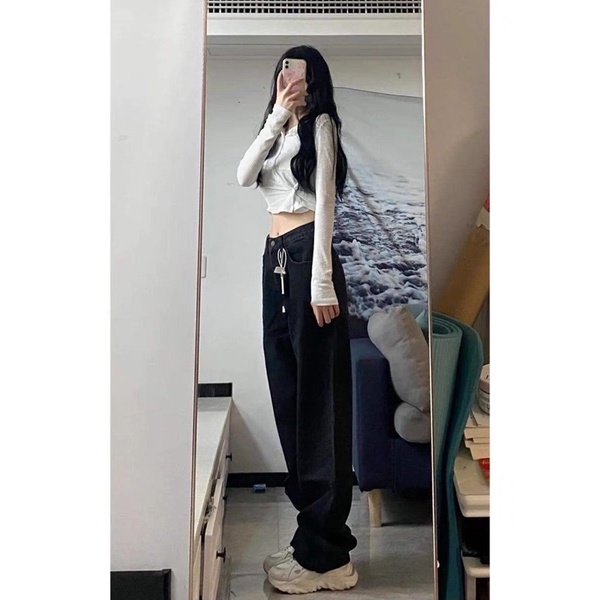 Quần jeans suông đen trơn cạp cao