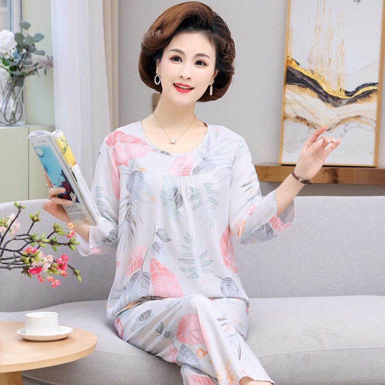 Đồ ngủ trung niên và già của phụ nữ cao tuổi cotton lụa dài tay dịch vụ tại nhà rayon hai mảnh phù hợp với mỏng | BigBuy360 - bigbuy360.vn