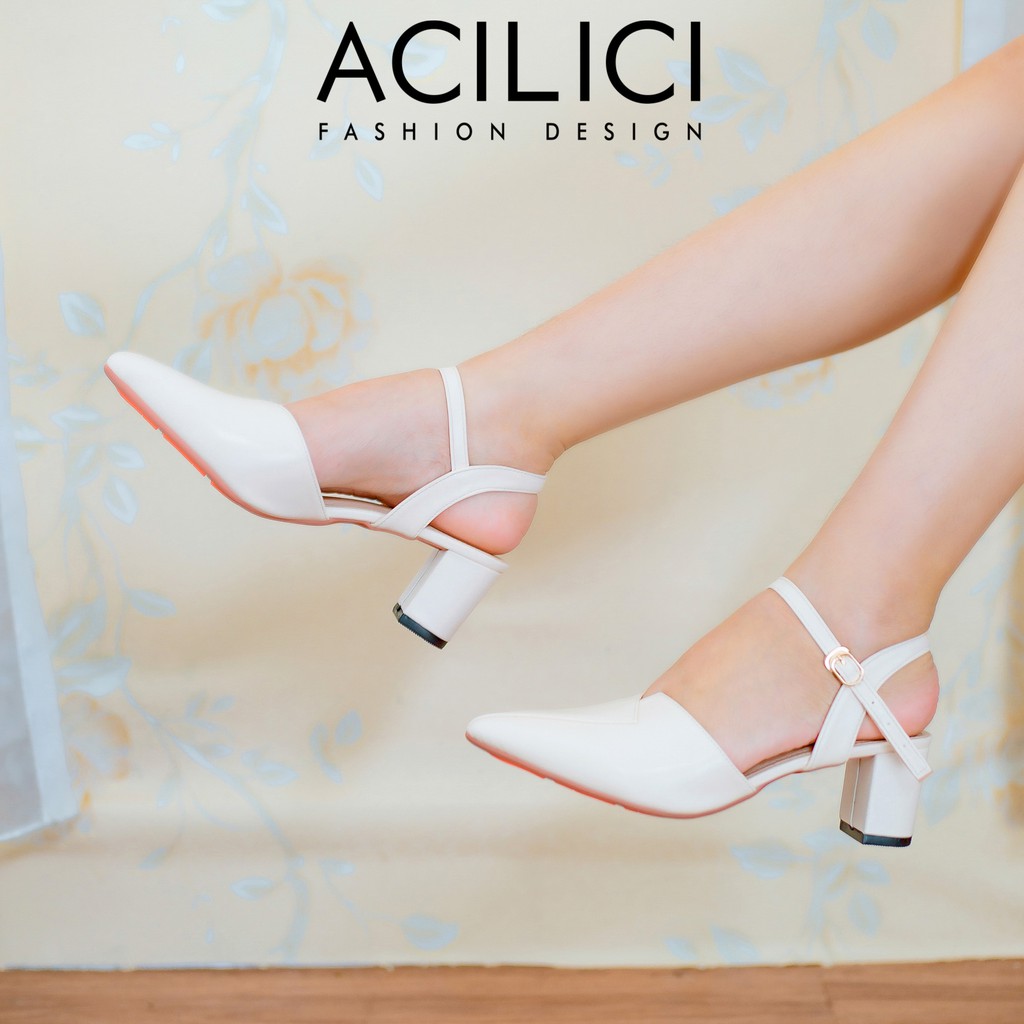 Giày sandal cao gót nữ ACILICI, mũi nhọn đế vuông cao 5p fom chuẩn size 35-40 màu đen và kem_TC01