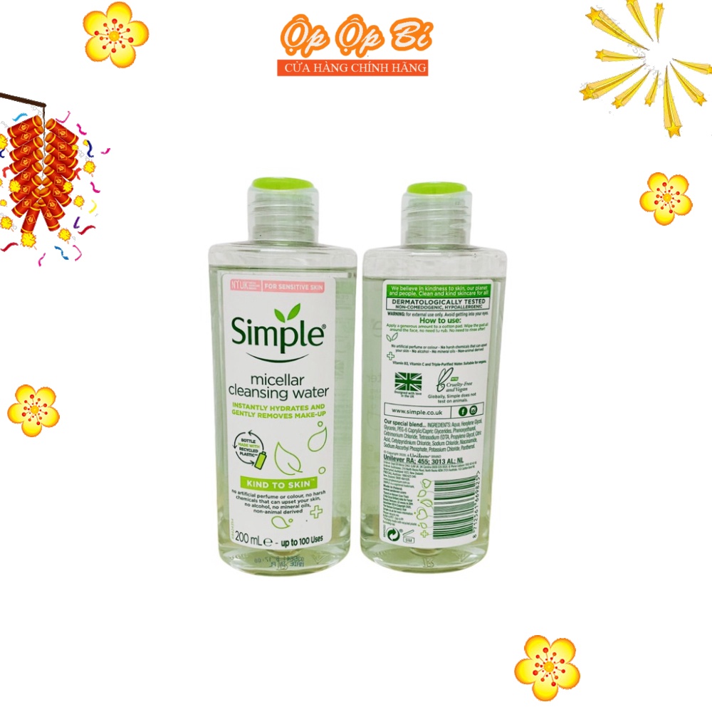 Nước Tẩy Trang Simple Micellar Water Kind To Skin Sạch Sâu Dịu Nhẹ Cho Da Nhạy Cảm 200ml