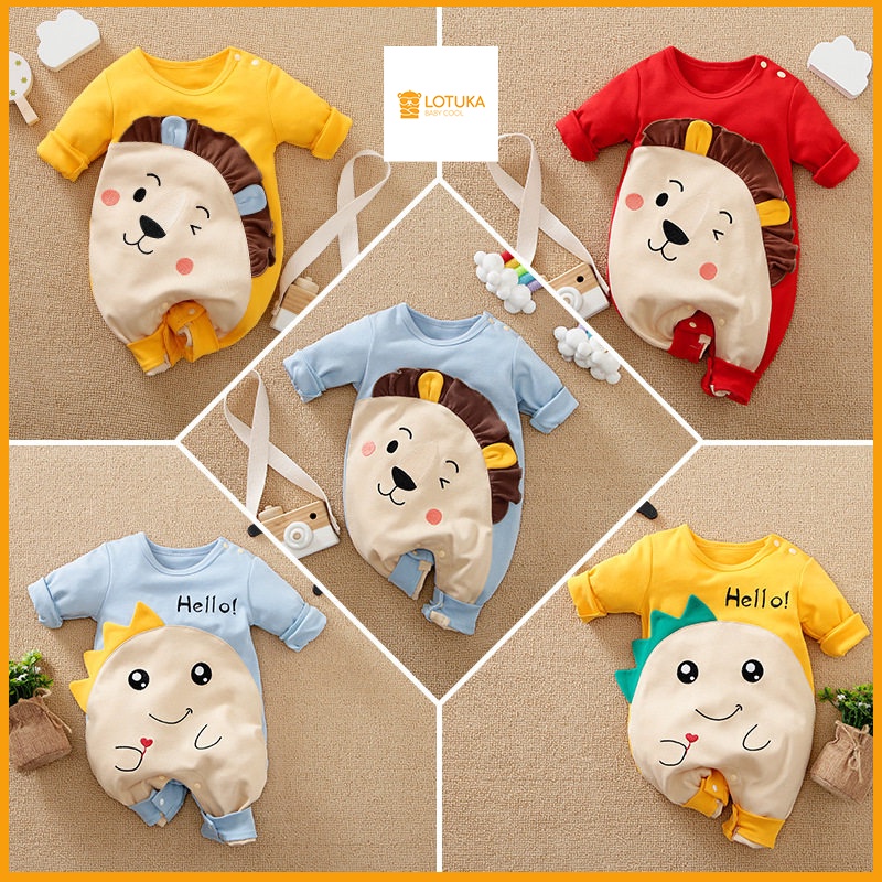 Body Dài tay cho Bé Trai Bé Gái mẫu quần áo trẻ em hình thú kèm mũ chất Cotton xịn mịn từ 3-12kg