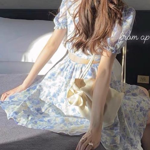 Váy Chữ a Lưng Cao Bằng Vải Voan Màu Xanh Dương Họa Tiết Hoa Phong Cách Mới Mùa Hè Kích Thước 2022