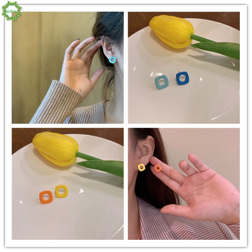 Bông tai xỏ lỗ dáng vuông hai tông màu kẹo ngọt phong cách retro dành cho nữ