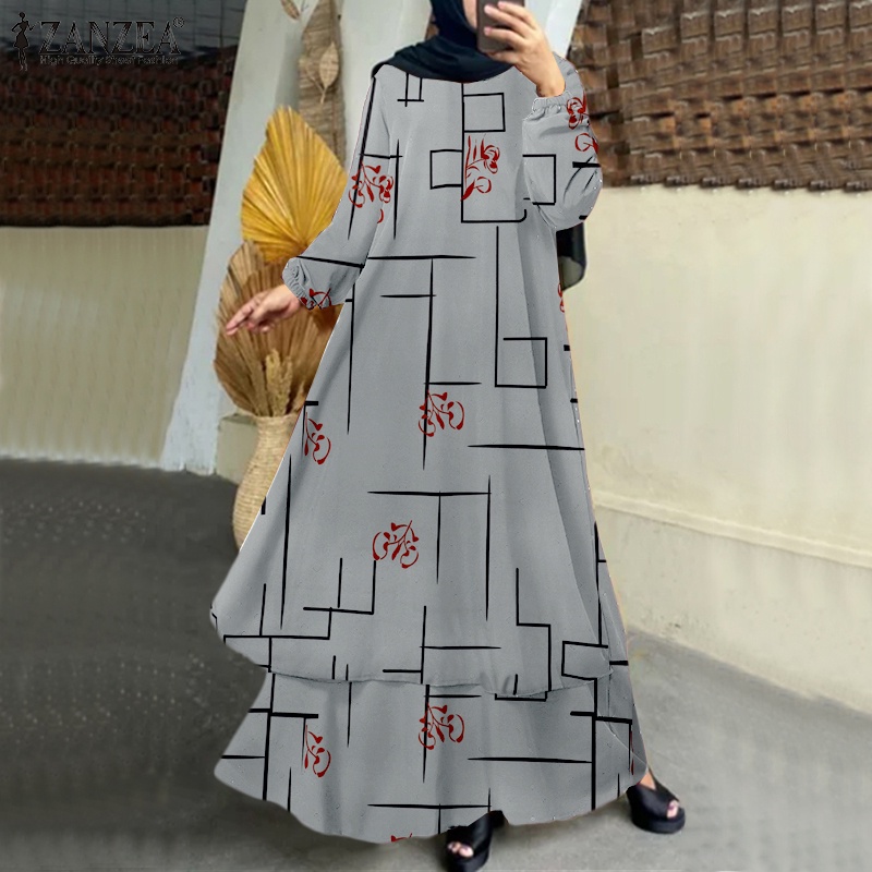 Zanzea Đầm Dài Hai Lớp Tay Phồng In Họa Tiết Thời Trang Cho Nữ