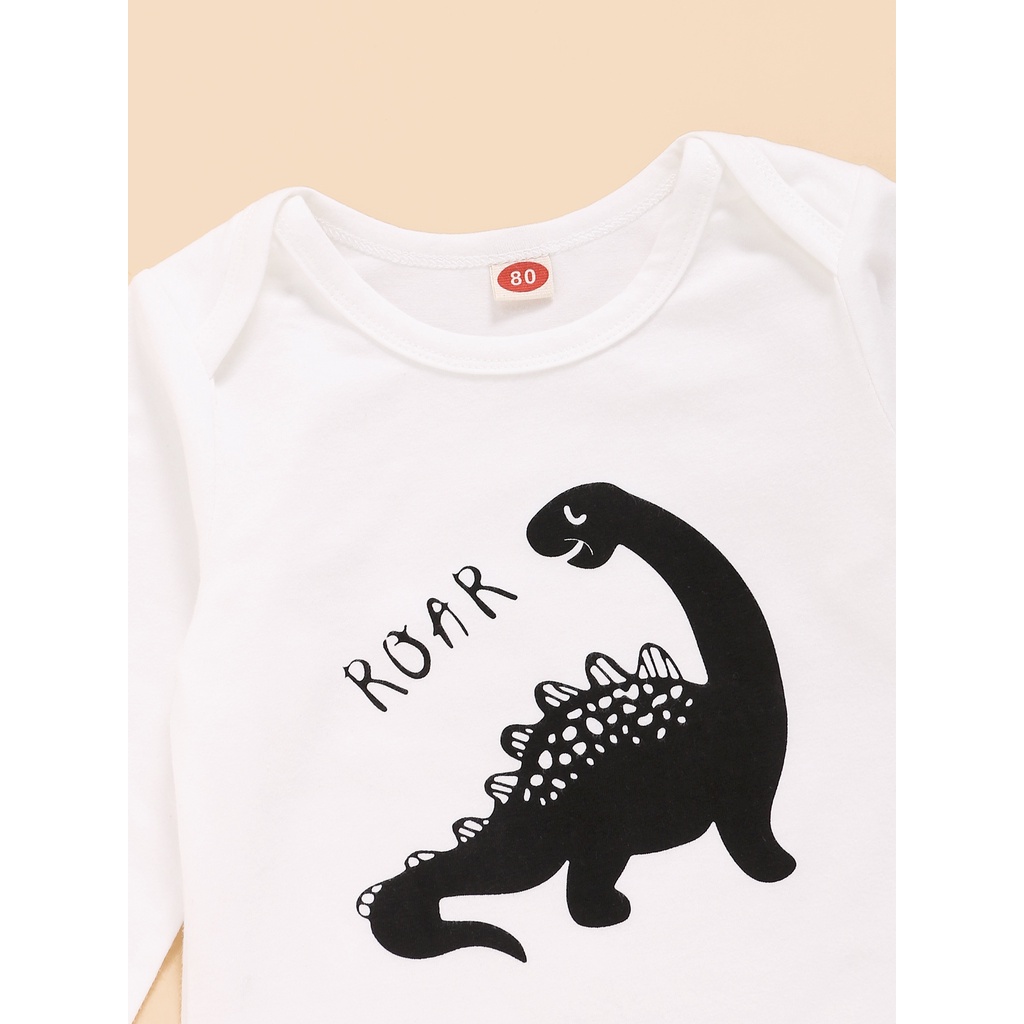 Set đồ 3 món Mikrdoo gồm áo liền quần dài tay in hình khủng long + quần dài kèm mũ cotton cho trẻ sơ sinh