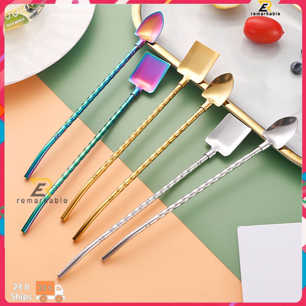 Đồng Hồ Nam Dây Thép Không Gỉ Sáng Tạo 2 Trong 1 Đa Chức Năng Xoắn Ốc Ống Hút Thìa