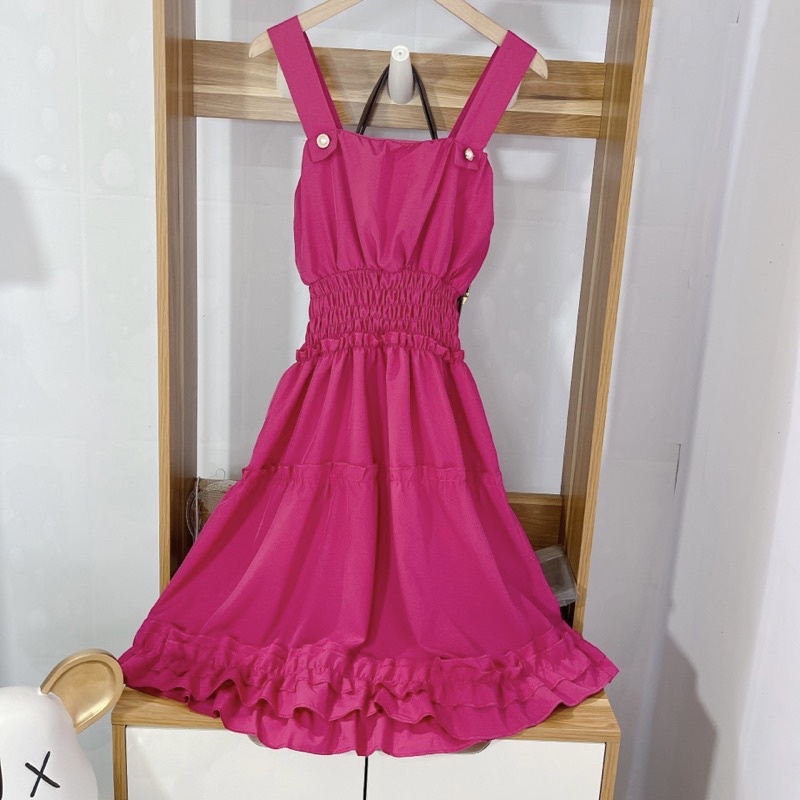 Váy 2 dây chun eo bèo tầng xoè đuôi cá Đầm maxi 2s bản to màu hồng