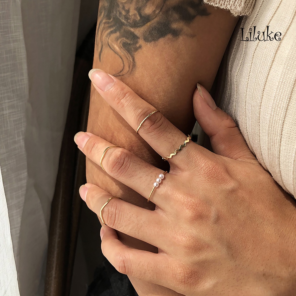 Bộ 5 Nhẫn Hợp Kim Đính Đá Kiểu Dáng Thời Trang Cho Nữ