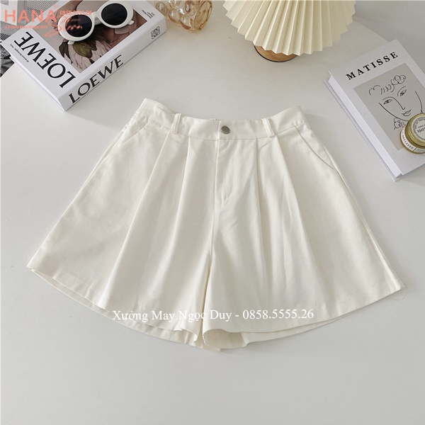 Quần short đùi nữ cúc khóa thật lưng chun sau chất vải kaki thô - Quần sooc nữ cạp cao mặc nhà đi biển chơi mùa hè mát