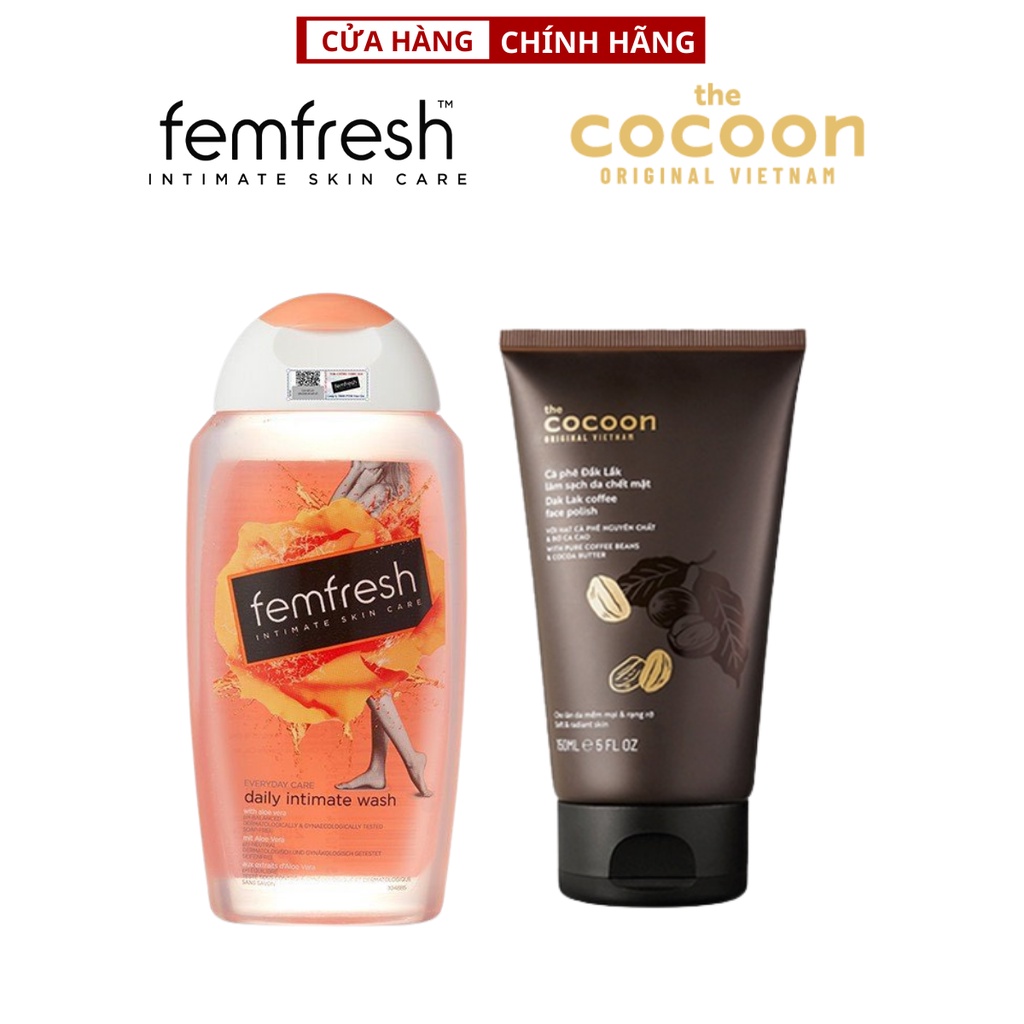 Combo Dung Dịch Vệ Sinh Phụ Nữ Hàng Ngày Femfresh 250ml + Tẩy da chết mặt cà phê Đắk Lắk Cocoon 150ml