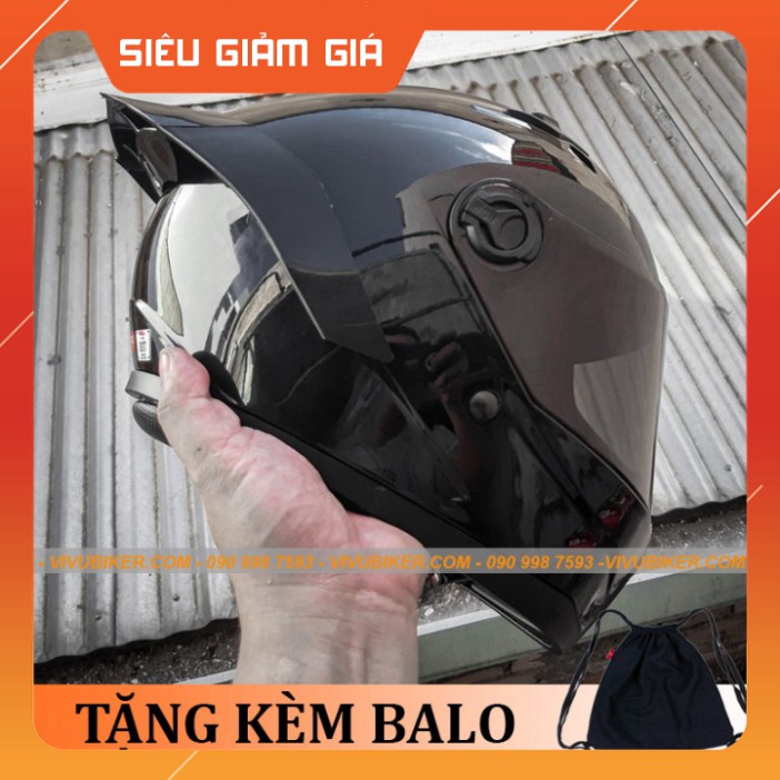 KHO SG-  Mũ bảo hiểm Fullface đen bóng ráp kính đen AGU tặng kèm đuôi gió, balo dây rút - Nón Fullface AGU đen kèm đuôi