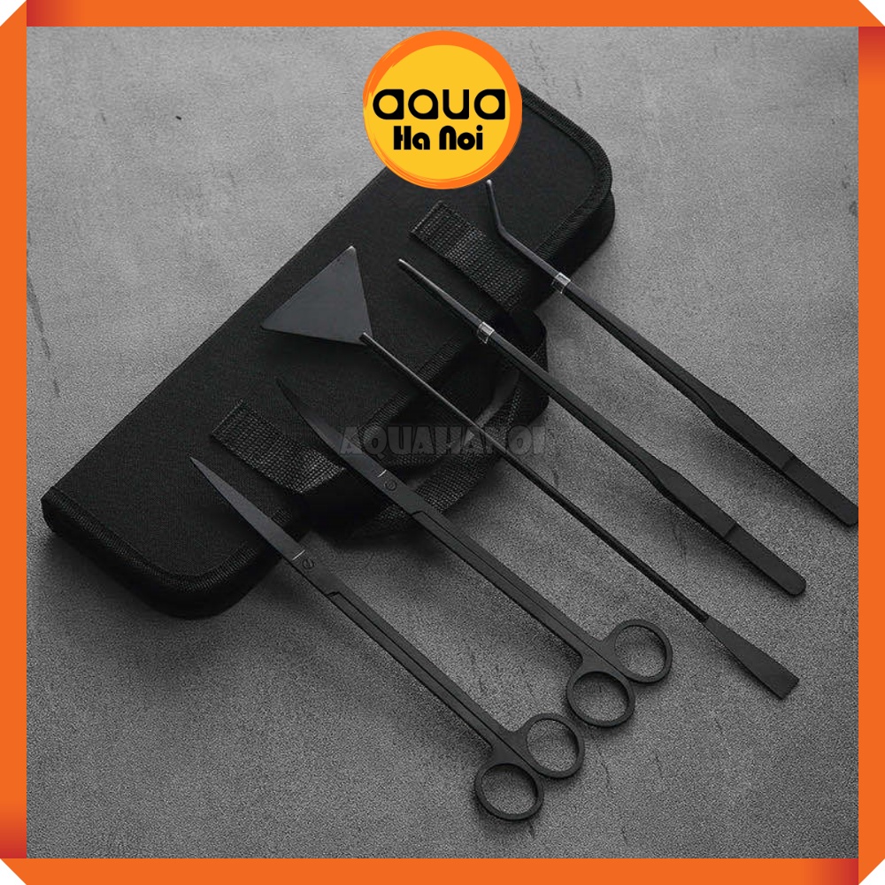 Bộ kéo nhíp inox/carbon đen 5 món - cắt, trồng cây thủy sinh, vệ sinh hồ cá - Tặng kèm túi đựng vải