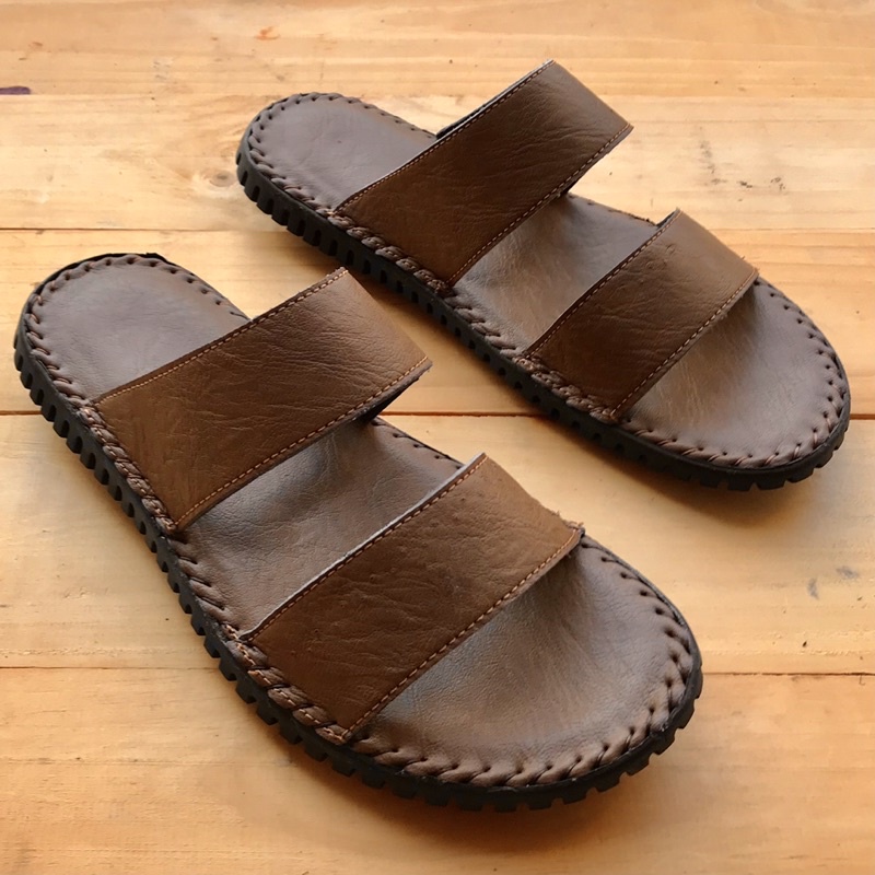 Dép sandal da bò, dập vân nổi khâu viền màu nâu Giá Sản Xuất