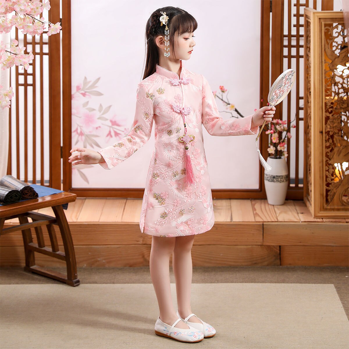 Girl Autumn And Winter Plus Chinese Style Costumes Winter Cheongsam Children Thick Long Sleeve Tang