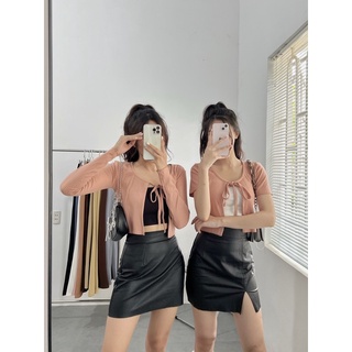 Áo Croptop Cadigan Cột Dây Thun Gân Dày Dặn Tay Dài