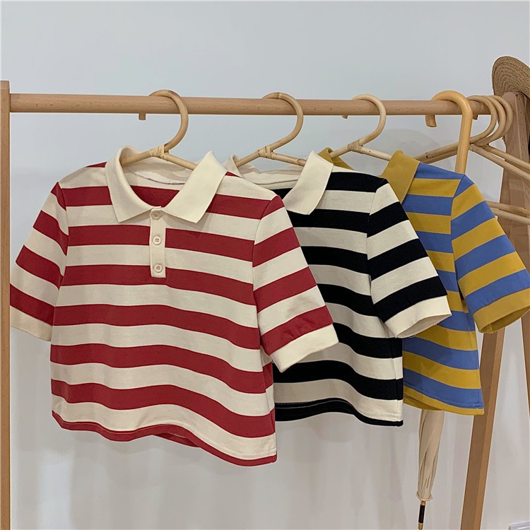 Áo Polo Xiaozhainv Dạng Croptop Ngắn Tay Họa Tiết Sọc Phối Cúc Kiểu Vintage Hàn Quốc Cho Nữ
