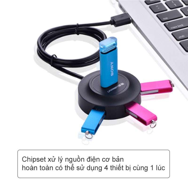 HUB chia USB 2.0 4 cổng có hỗ trợ nguồn ngoài DC in 5V - Cáp dài 1 mét UGREEN 20277 (màu đen)