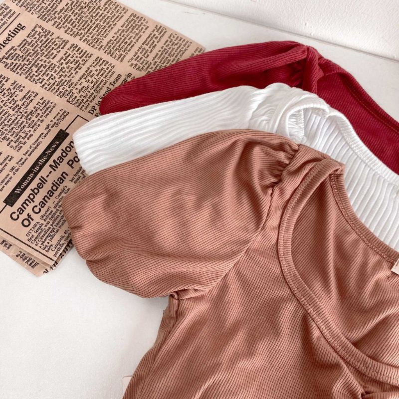 Áo Croptop Cổ V Nhún Ngực Bo Tay Chất Gân Tăm Mềm Laca Store L19-1