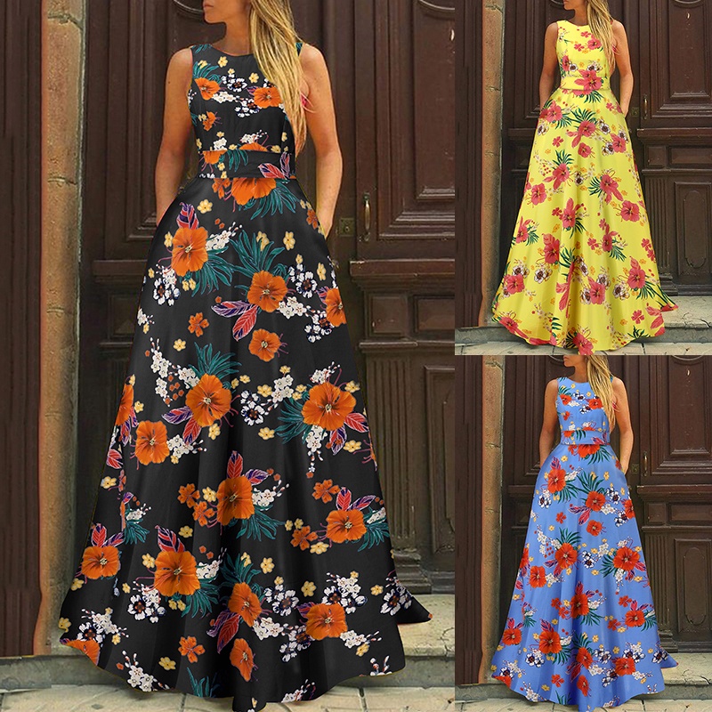 ZANZEA Đầm Dài Dáng Chữ A In Họa Tiết Hoa Kèm Túi Và Thắt Lưng Phong Cách Châu Âu Thời Trang Cho Nữ