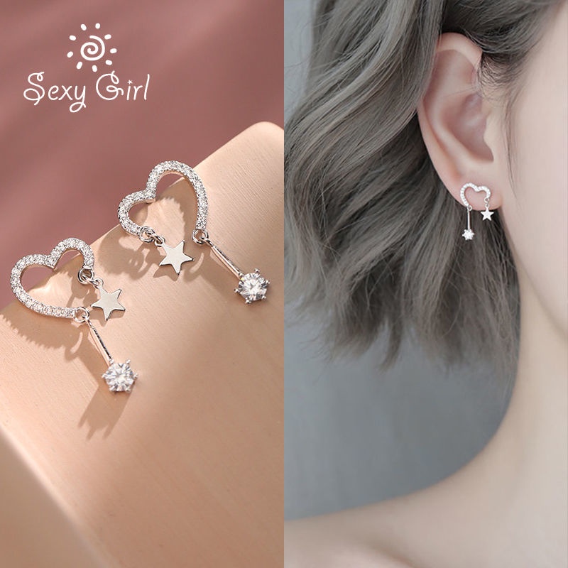 Bông Tai Mạ Bạc 925 Hình Ngôi Sao / Trái Tim Phong Cách Hàn Quốc Quyến Rũ Cho Nữ