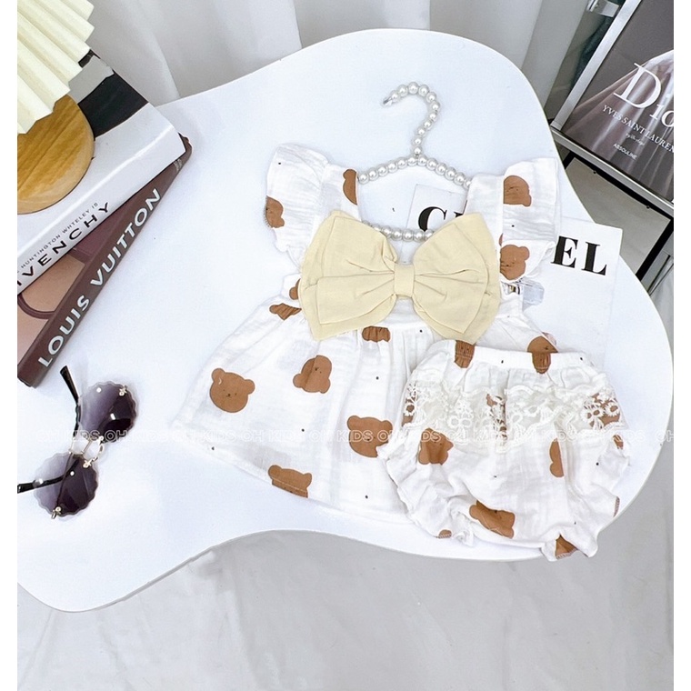Bộ Xô Muslin nơ ngực dễ thương cho bé từ 5-13kg