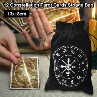 【han】13x18CM Thick Velvet Tarot Storage Bag 12 Constellation Symbol Protective Card Board Game Embroidery Drawstring Bag