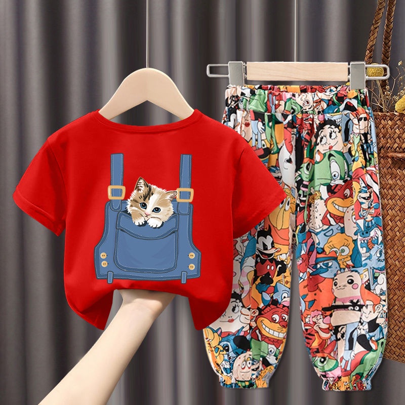 Bộ Áo Thun Cotton Ngắn Tay In Hoạt Hình + Quần Bó Thời Trang Mùa Hè Cho Bé