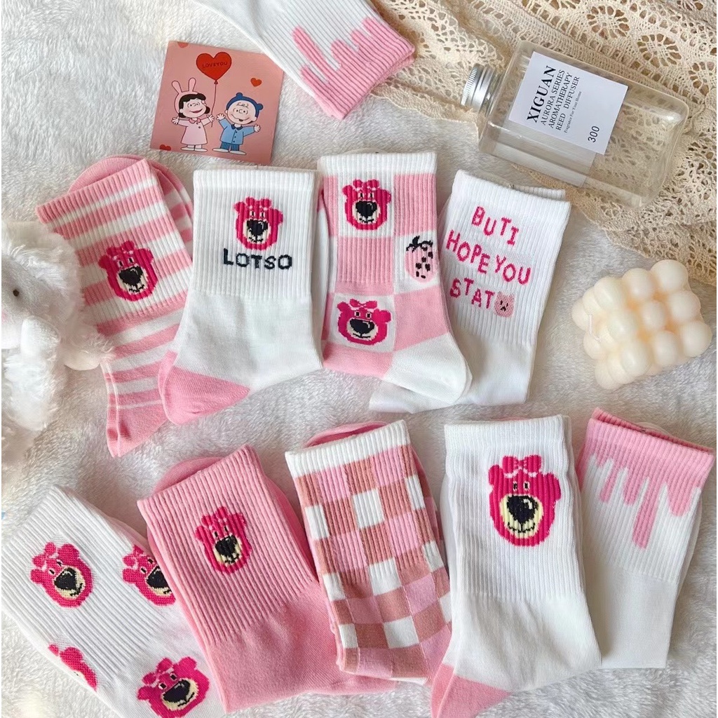 Set 5 Đôi Tất Vớ Nữ Cao Cổ Họa Tiết Gấu Dâu Tây Màu Hồng Dễ Thương Phong Cách Hàn