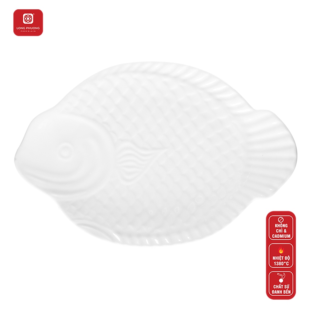 Đĩa sứ cá hồng Long Phương - Đựng đồ ăn bằng sứ trắng cao cấp - size 30cm và 35cm