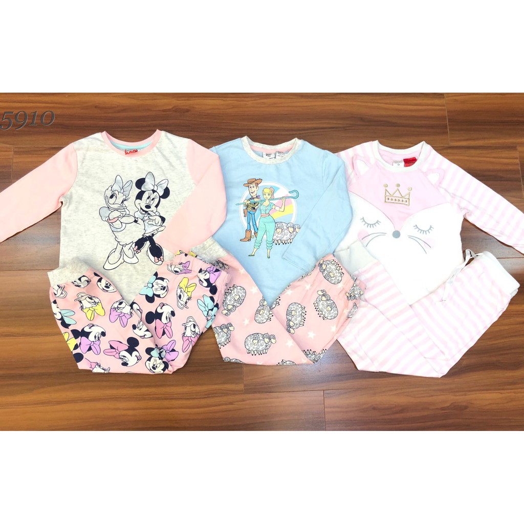 Bộ cotton dài tay bé gái hình công chúa, mickey, mèo d.i.s..n.y hàng có sẵn