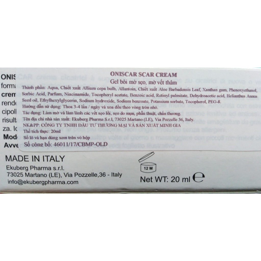 Gel hỗ trợ liền sẹo, mờ sẹo thâm Oniscar, nhập khẩu Italia, hộp 20ml