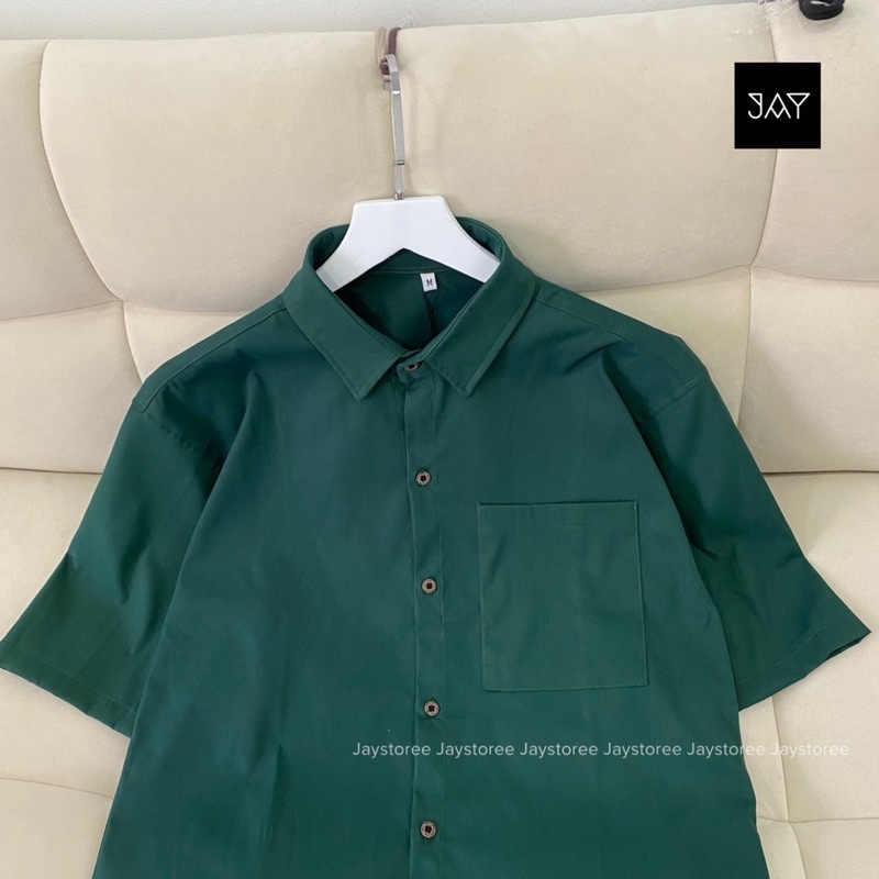 Áo sơmi trơn tay lỡ unisex VẢI KAKI màu XANH LÁ có túi Nam nữ unisex  Áo Sơ Mi Basic form rộng style Ulzzang