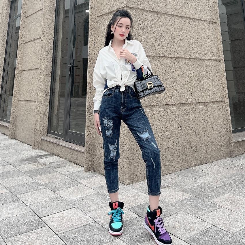 Quần bò baggy nữ JEANNY JEAN rách lưng cao ống ôm chất co giãn màu xám đen 091