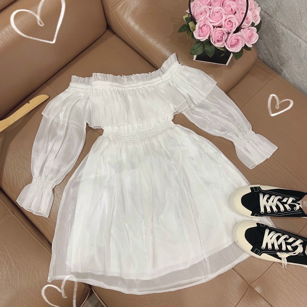 |Có Ảnh Thật| Váy Dáng Xoè Tay Dài Trễ Vai Nhún Eo Voan Bóng Ulzzang Siêu Xinh