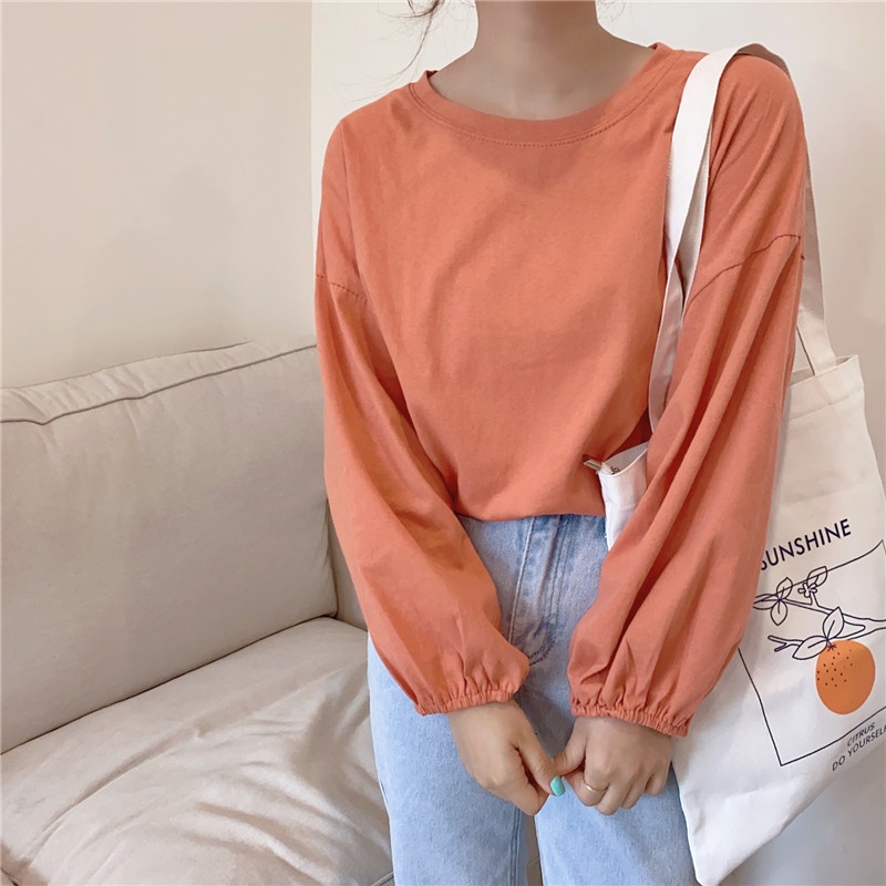 SUXI Áo Sơ Mi Tay Dài Phồng Cổ Tròn Màu Trơn Đơn Giản Thời Trang Mùa Thu Mới Dành Cho Nữ