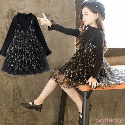 Đầm bé gái tay dài phối lưới họa tiết ngôi sao