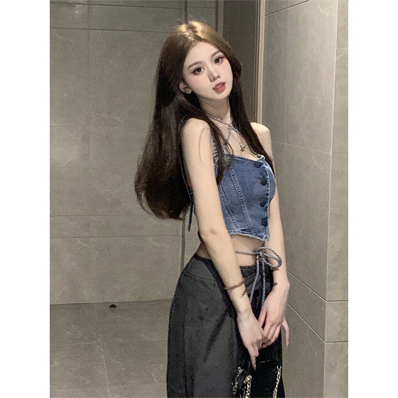 Áo Denim Hai Dây Buộc Dây Màu Trơn Phong Cách Mới Mùa Hè Chất Lượng Cao Cho Nữ