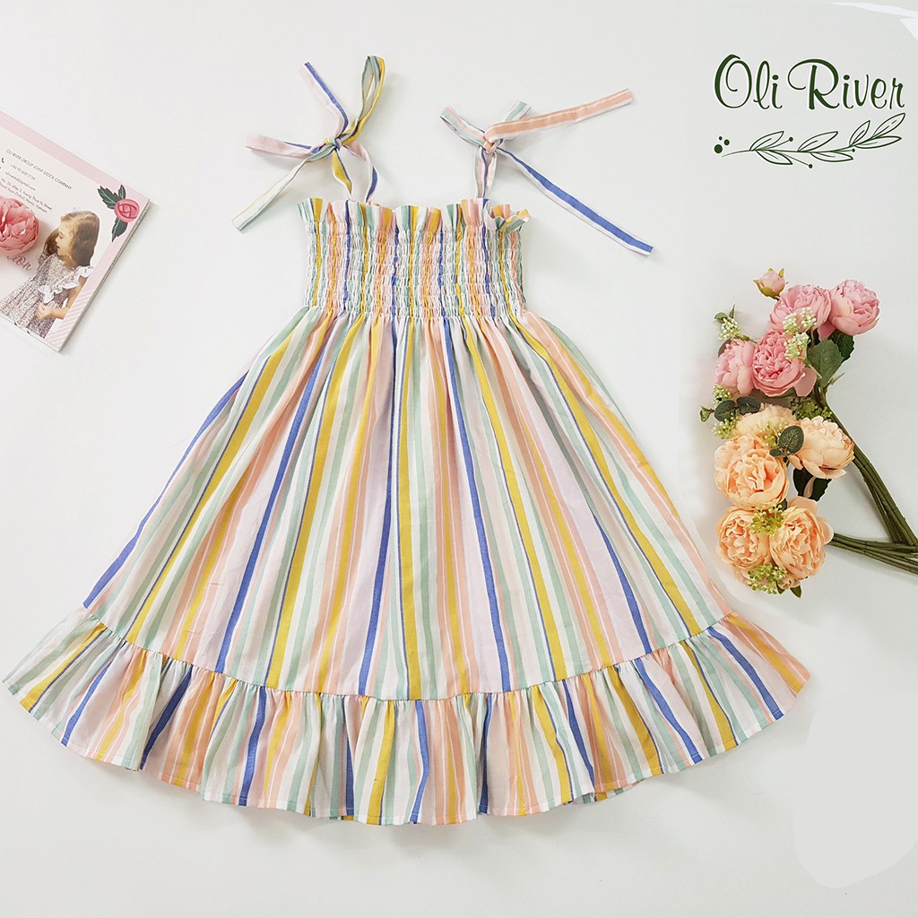 Váy đầm bé gái Oli River kẻ sọc cầu vồng thêu 2 dây cực đẹp từ 2-8 tuổi chính hãng - Misolkids by huong274