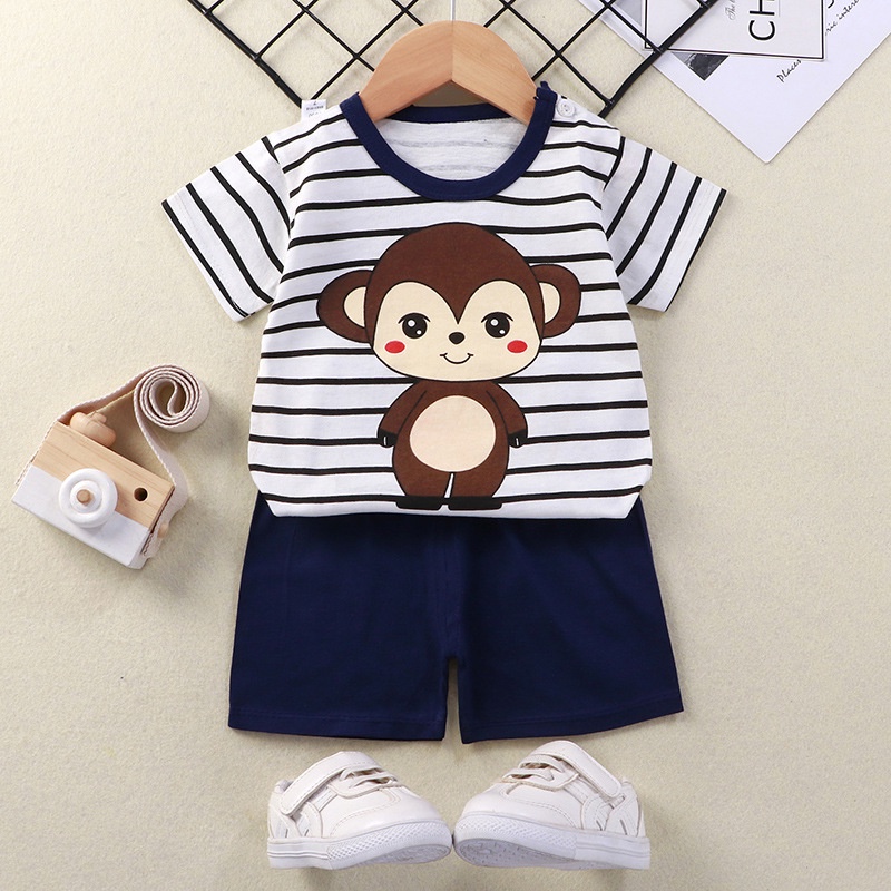Bộ Đồ 2 Món 100% Cotton Gồm Áo Thun Tay Ngắn Và Quần Ngắn In Họa Tiết Động Vật Hoạt Hình Cho Bé Trai 1-7 Tuổi
