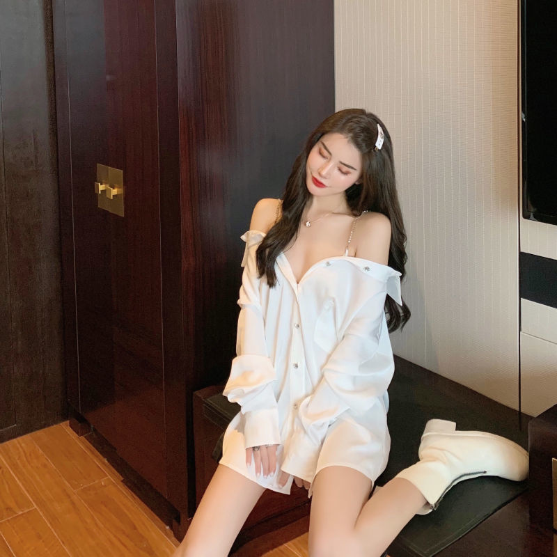 Đầm Sơ Mi Dáng Rộng Trễ Vai Thiết Kế Mới Quyến Rũ Thời Trang Theo Phong Cách Hàn Quốc Dành Cho Nữ