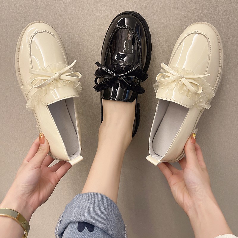 Oxfords Nữ Giày Bệt Có Nơ, Giày Búp Bê Lười Phong Cách Anh Quốc (Da Bằng Sáng Chế)