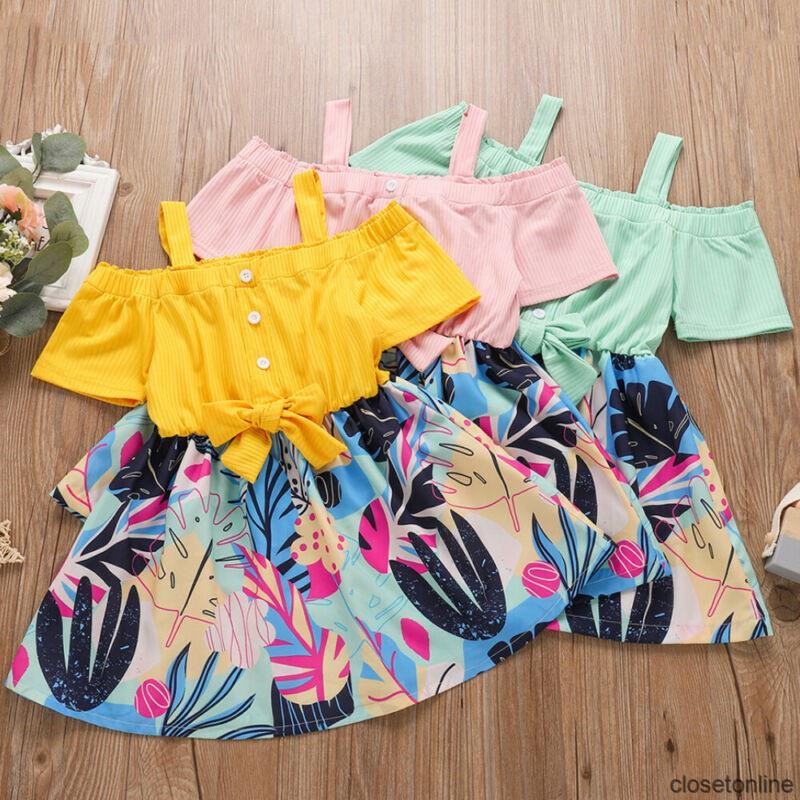 Sale Children Girl Bowknot Print Short Dress Summer Baby Beach Holiday Casual CL