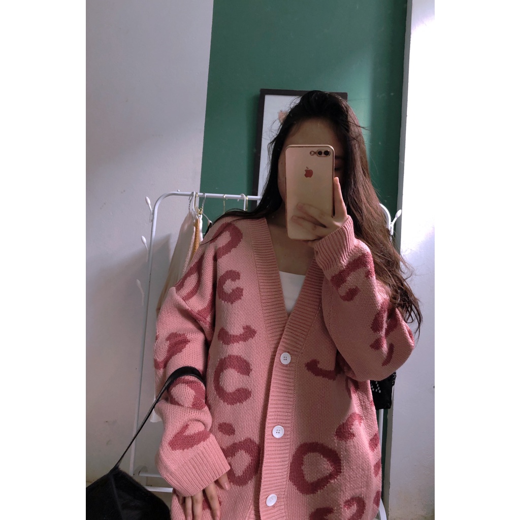 Áo Cardigan Dáng Dài Họa Tiết Hồng Beo, Đen Sọc Len Nhà Chic Z
