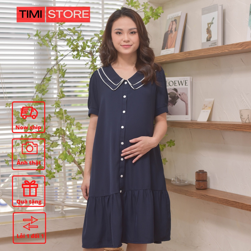 Đầm Bầu Thiết Kế-Váy Suông TiMi xanh than dáng suông đuôi cá khuy dọc cổ sen phối trắng chất vải lụa size 40-100kg TM002