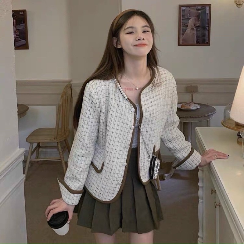 [Ảnh thật/sẵn] Set áo dạ thế kế nhẹ nhàng kèm chân váy tennis nâu tây cực xinh