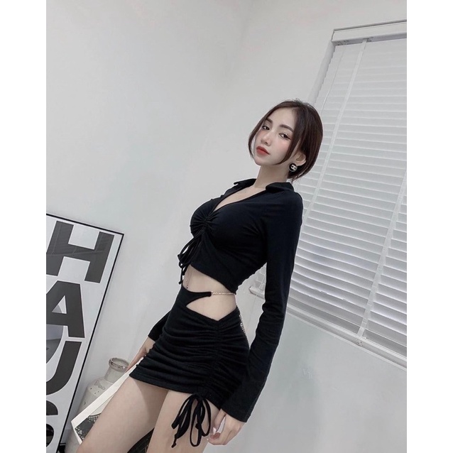 Set áo tay dài chân váy rút dây