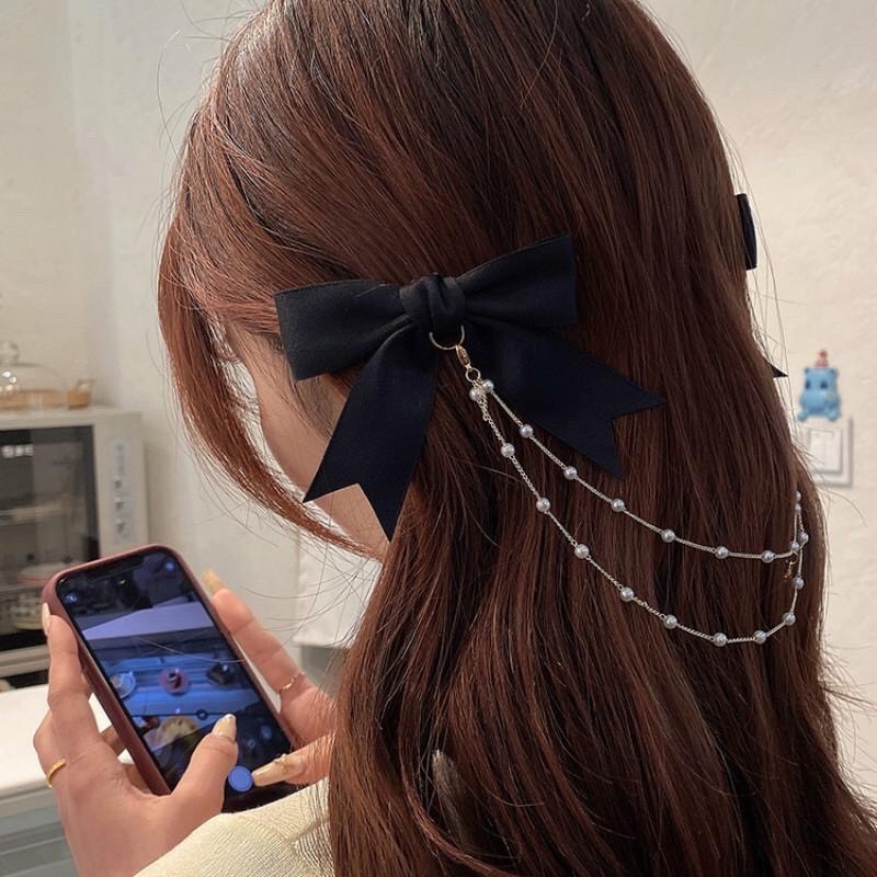 (Hot trend)Kẹp nơ đen phối dây hạt phong cách retro Tatitava