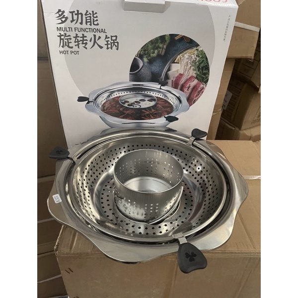 Nồi lẩu xoay inox 2 tầng Hàn Quốc,nồi lẩu xoay 2 tầng inox không kén bếp dùng được cả bếp từ và bếp gas