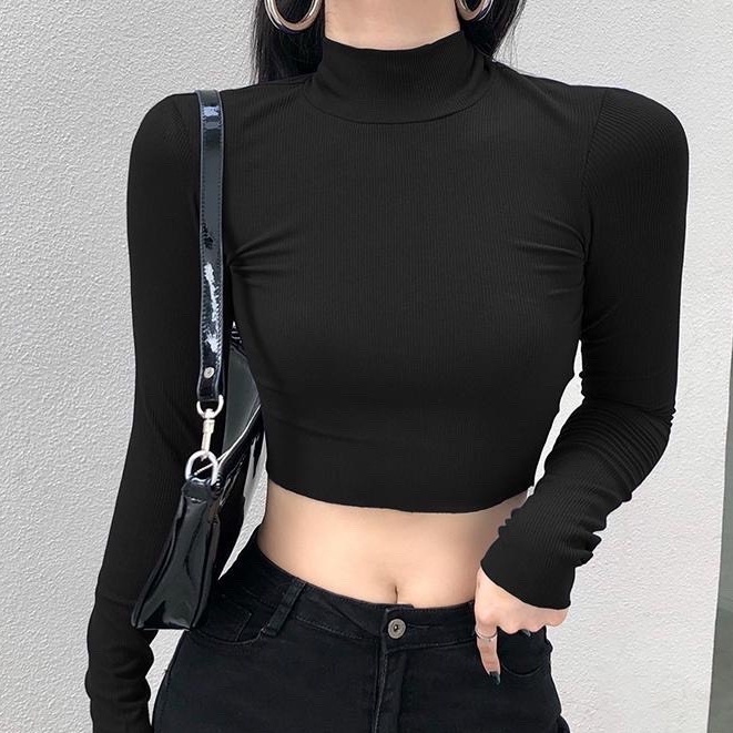 Áo croptop cổ lọ tay dài ôm gọn dáng chất thun co giãn phong cách Hàn Quốc, áo croptop siêu xinh xắn