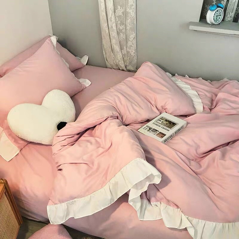 Chăn ga gối cotton bèo decor phong cách Hàn Quốc - bèo hồng viền trắng.